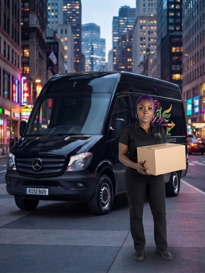 R.O.S.E. courier standing with R.O.S.E. branded van in the city