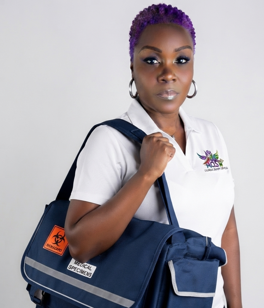 R.O.S.E. courier exchanging delivery package with business client
